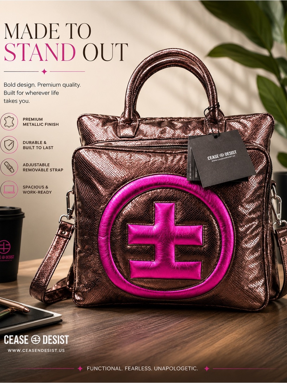 Metallic Bronze Tote with Pink Accent